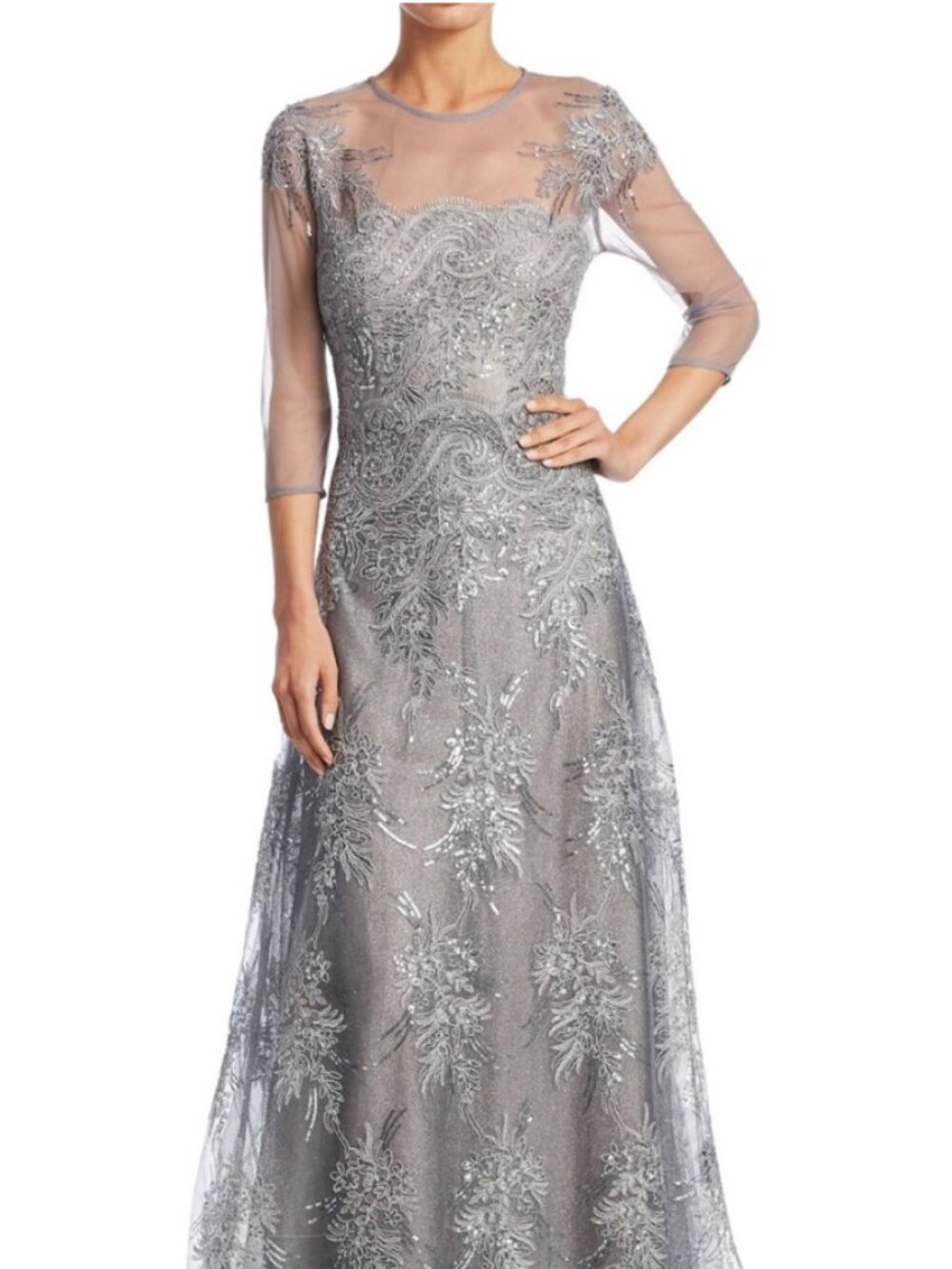 TERI JON GOWN SILVER EMBROIDERED SEQUIN LACE ILLUSION FORMAL DRESS $960 sz 2